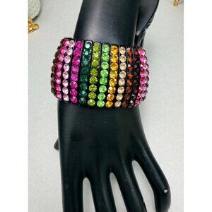 Rainbow Rhinestone Stretch Bracelet Black Resin Statement Glam